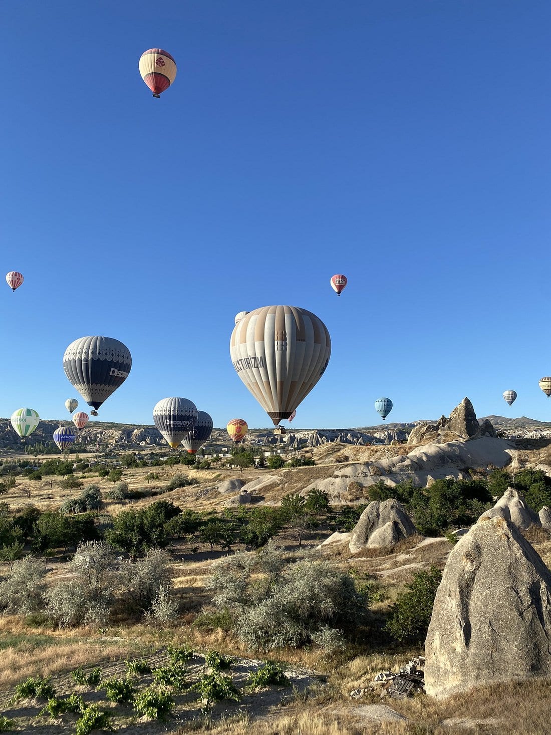 Mongolfiere che si alzano sui camini delle fate e sulle formazioni rocciose della Cappadocia sotto un cielo azzurro limpido